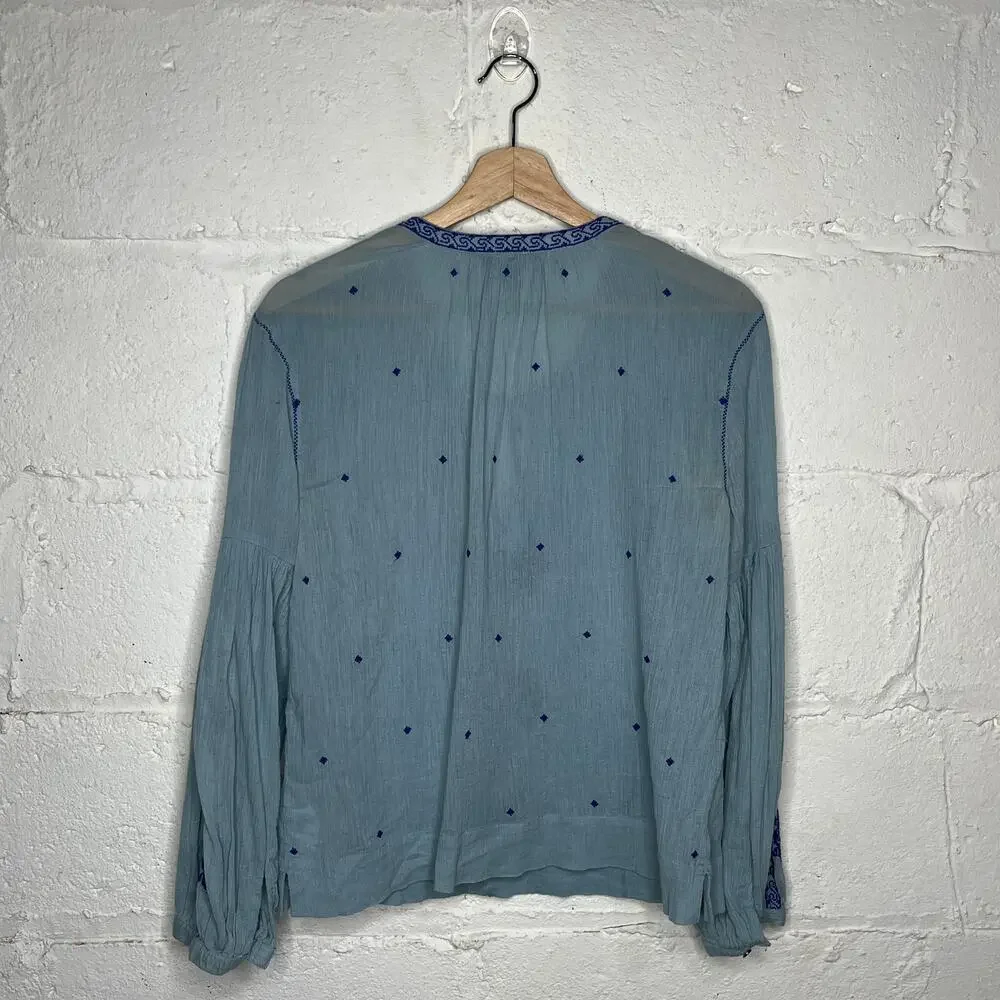 J. Crew Women's Blue Cotton Peasant Boho Tie‎ Blouse Size 2